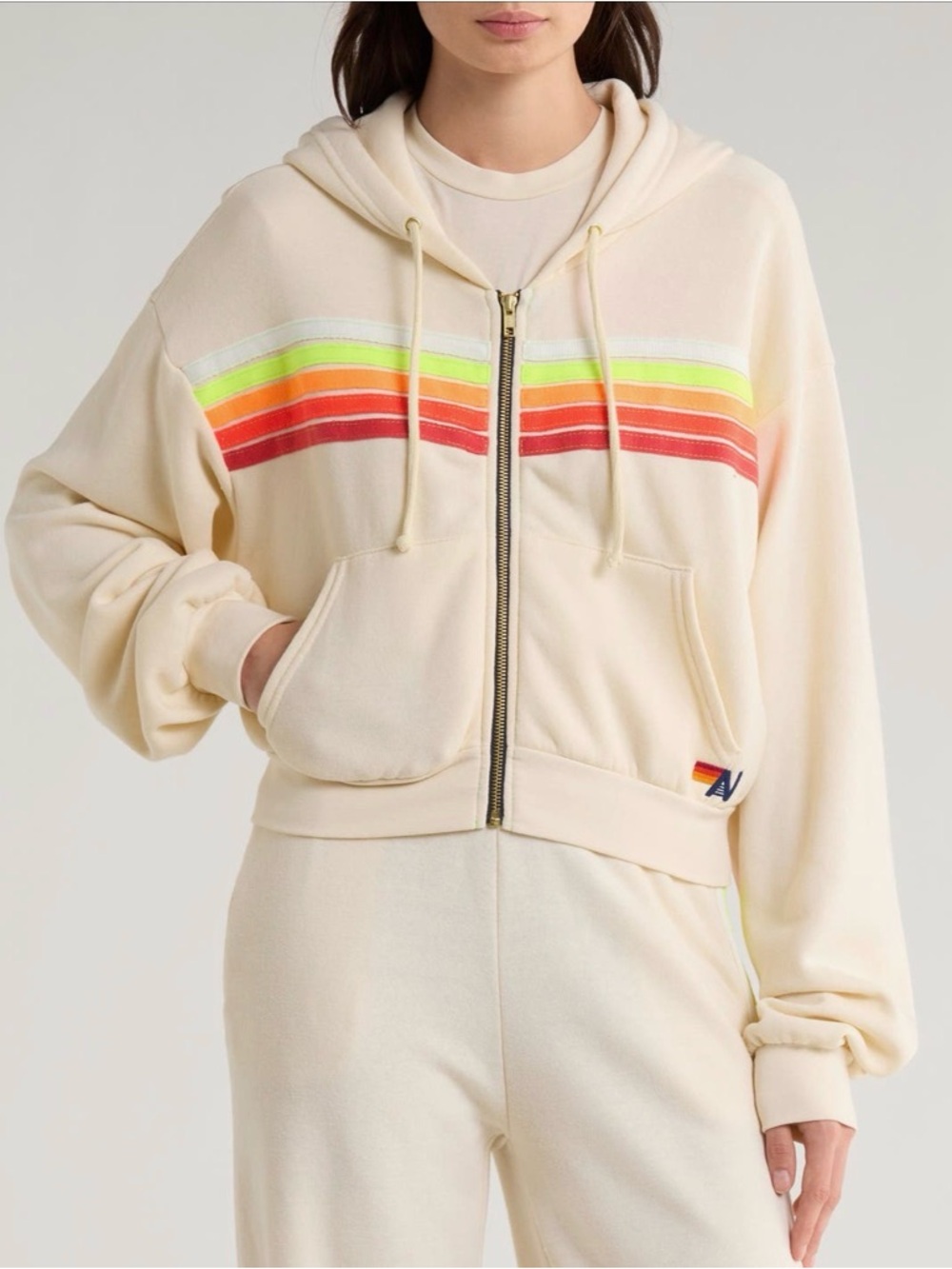 Aviator Nation 5-Stripe Zip Hoodie Vintage White Neon XS